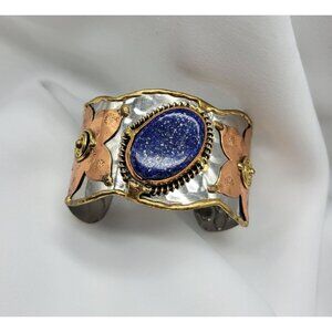 Mixed Metal Copper Flower Blue Lapiz Lazuli Cuff Bracelet B1A